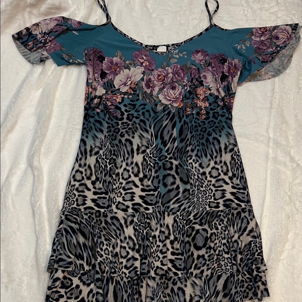 VENUS Teal and Purple Floral Leopard Mini Dress - Picture 3 of 7